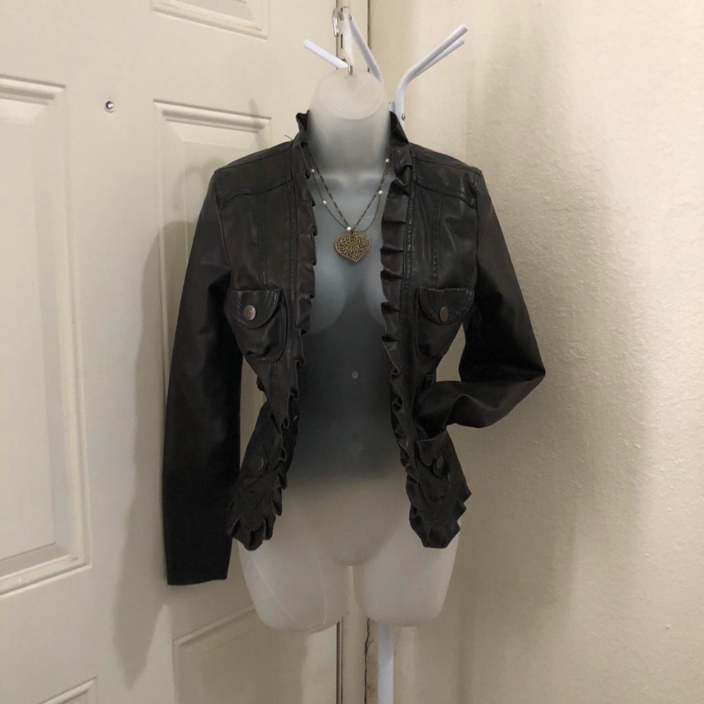 Oleg Cassini Whimsygoth Dark Brown Faux Leather Ruffle Front Jacket Coat Top